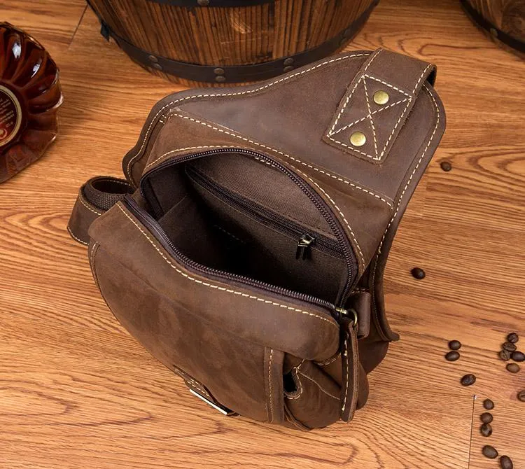 Casual Brown Leather Mens Sling Packs Sling Bag Chest Bag One Shoulder Backpack for Men
