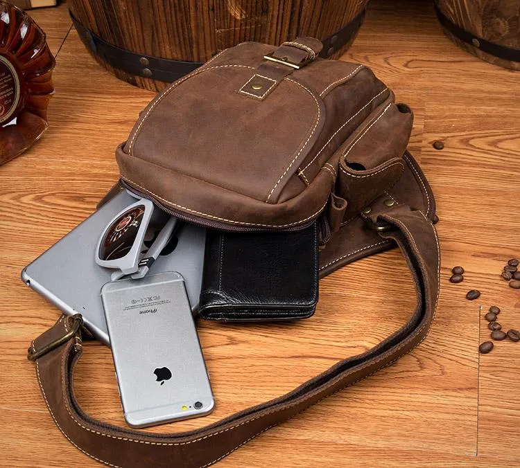 Casual Brown Leather Mens Sling Packs Sling Bag Chest Bag One Shoulder Backpack for Men