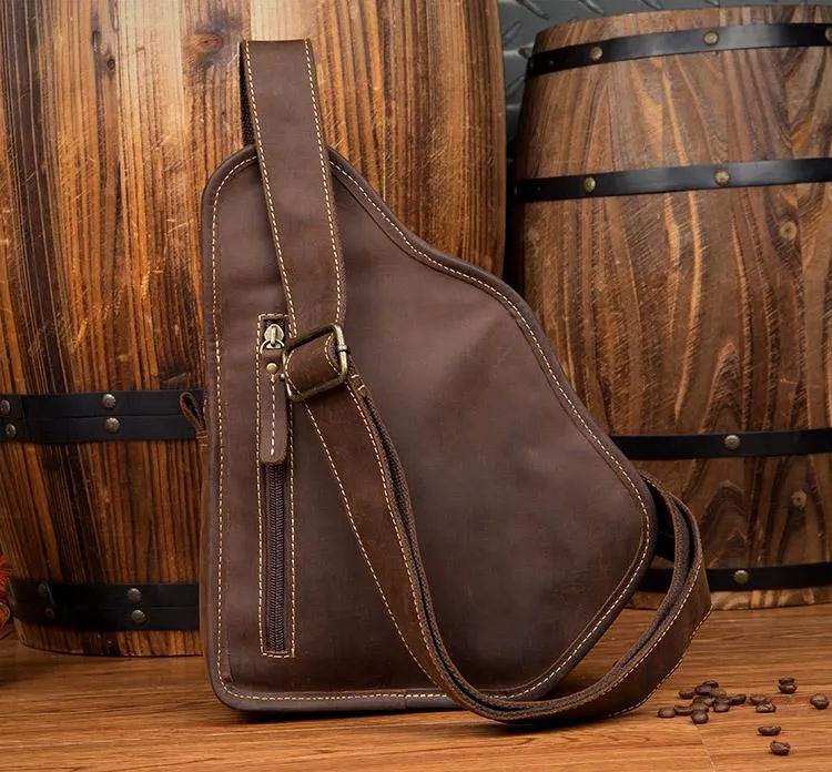 Casual Brown Leather Mens Sling Packs Sling Bag Chest Bag One Shoulder Backpack for Men