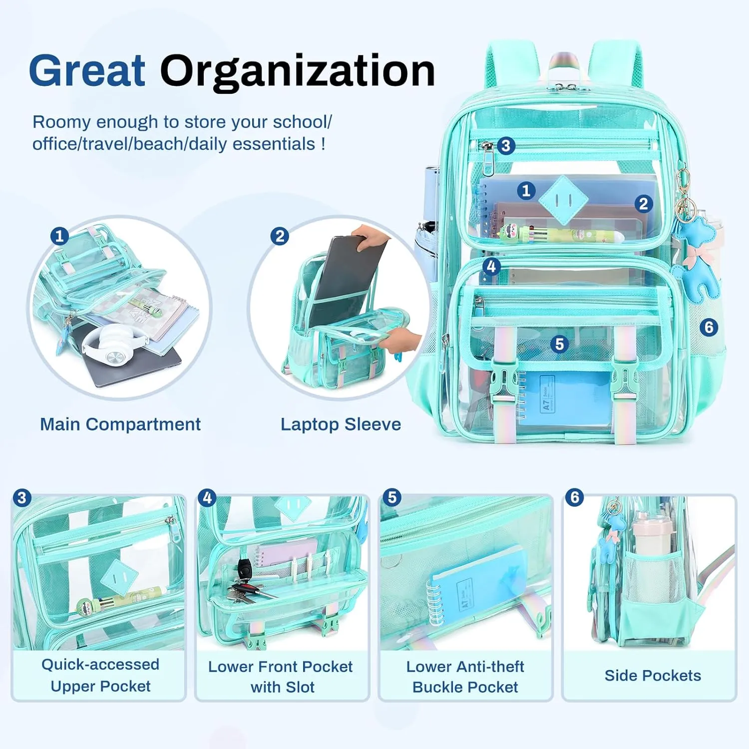 Clear Backpack for School, PVC Clear Bookbag Heavy Duty Transparent Backpack for Stadium Events See Through Bag