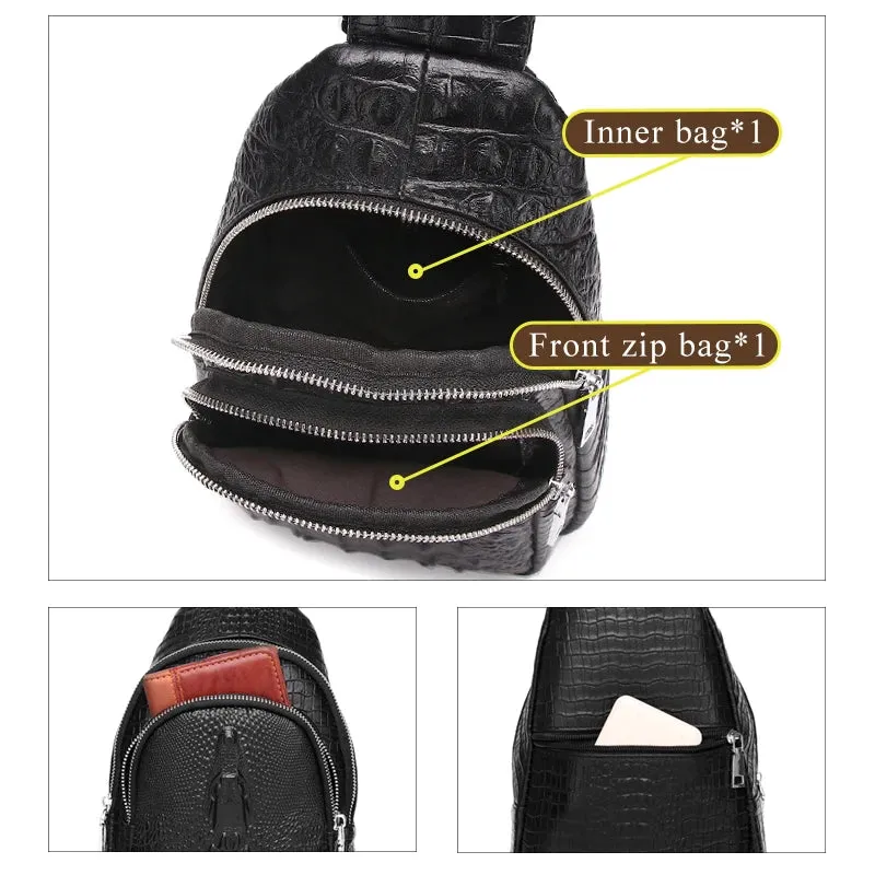 Cowhide Leather Men Crocodile Grain Fashion Black Multifunctional Leather Chest Bag