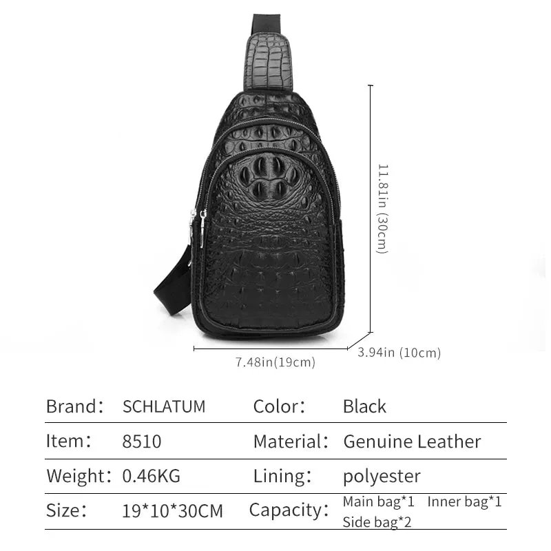 Cowhide Leather Men Crocodile Grain Fashion Black Multifunctional Leather Chest Bag