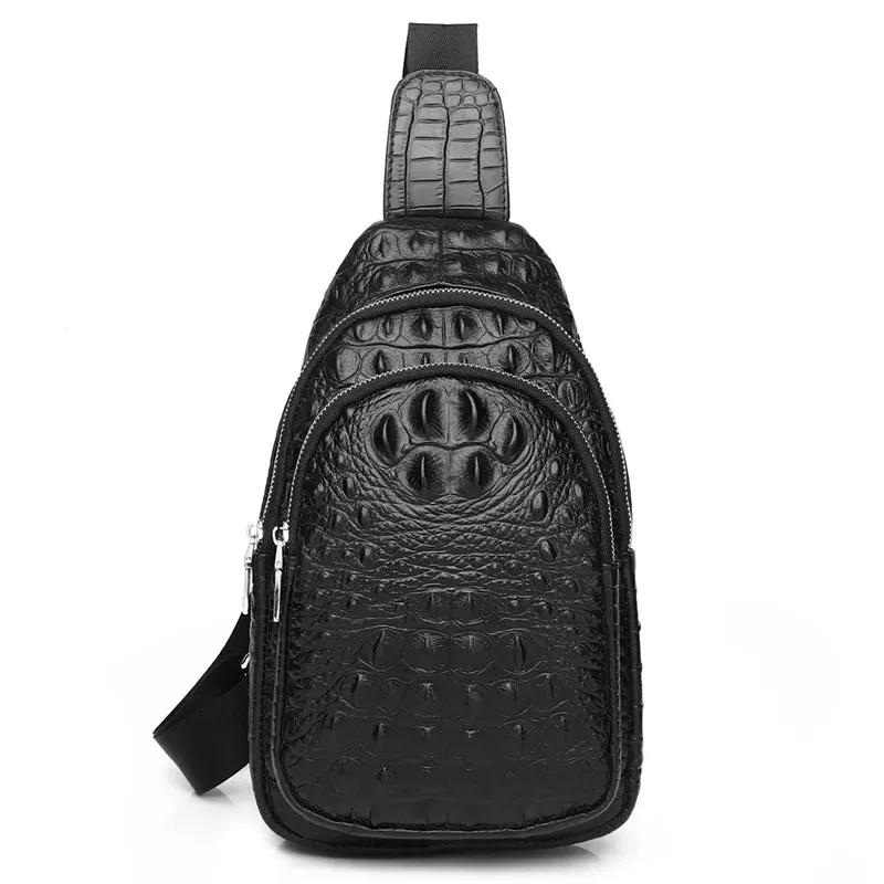 Cowhide Leather Men Crocodile Grain Fashion Black Multifunctional Leather Chest Bag