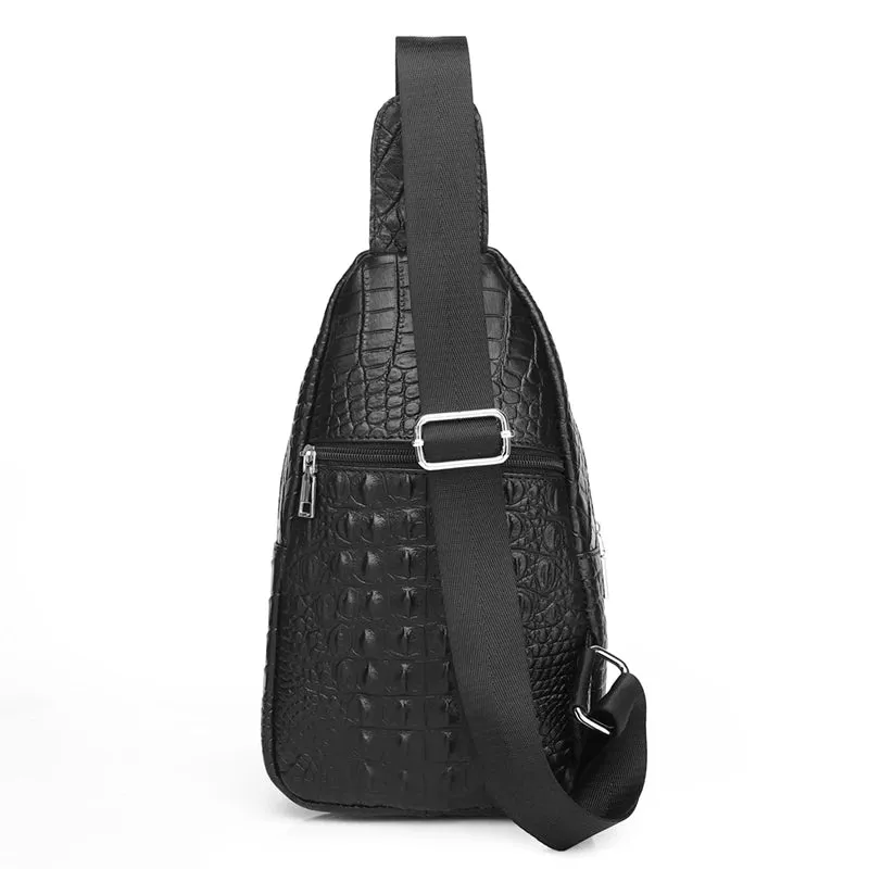 Cowhide Leather Men Crocodile Grain Fashion Black Multifunctional Leather Chest Bag