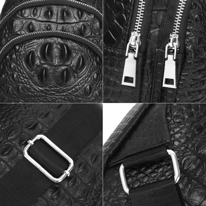 Cowhide Leather Men Crocodile Grain Fashion Black Multifunctional Leather Chest Bag