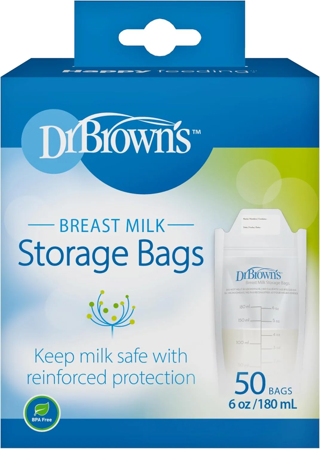 Dr. Browns Breast Milk Storage Bags, Disposable and Durable Bags for Freezing & Heating Breast Milk, (50ct) 6 oz Bags, BPA free