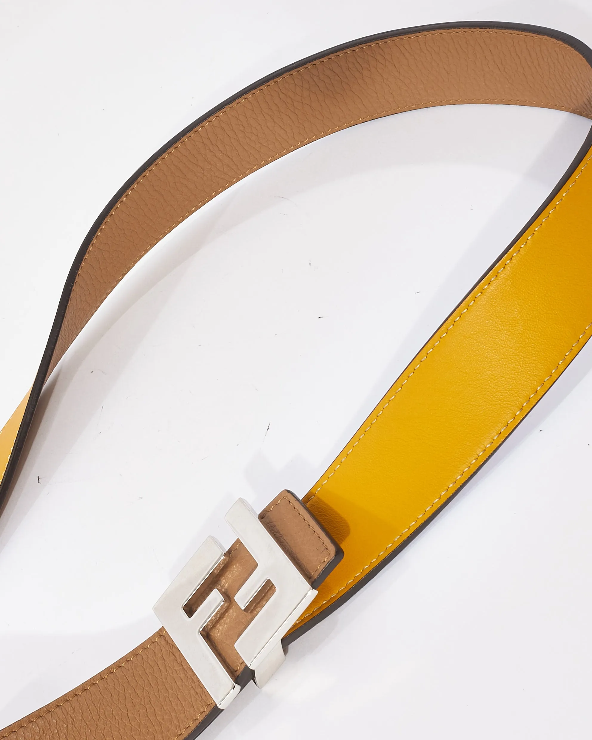 Fendi Brown/ Yellow Reversible Silver Logo Belt - 100
