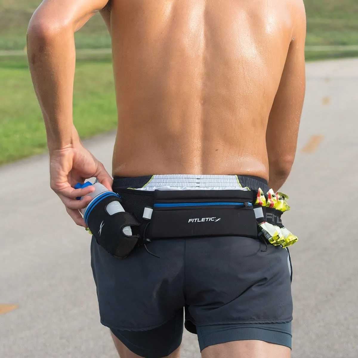 Fitletic Hydration Running Belt With 12oz Quick Flow Water Bottle For Men & Women Race Belt, Gel Holder & Bib Toggles Patented Bounce Free Design, Water Resistant Fits All Phones Fully Loaded