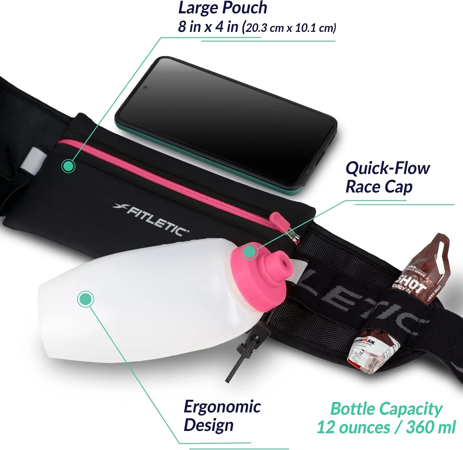 Fitletic Hydration Running Belt With 12oz Quick Flow Water Bottle For Men & Women Race Belt, Gel Holder & Bib Toggles Patented Bounce Free Design, Water Resistant Fits All Phones Fully Loaded