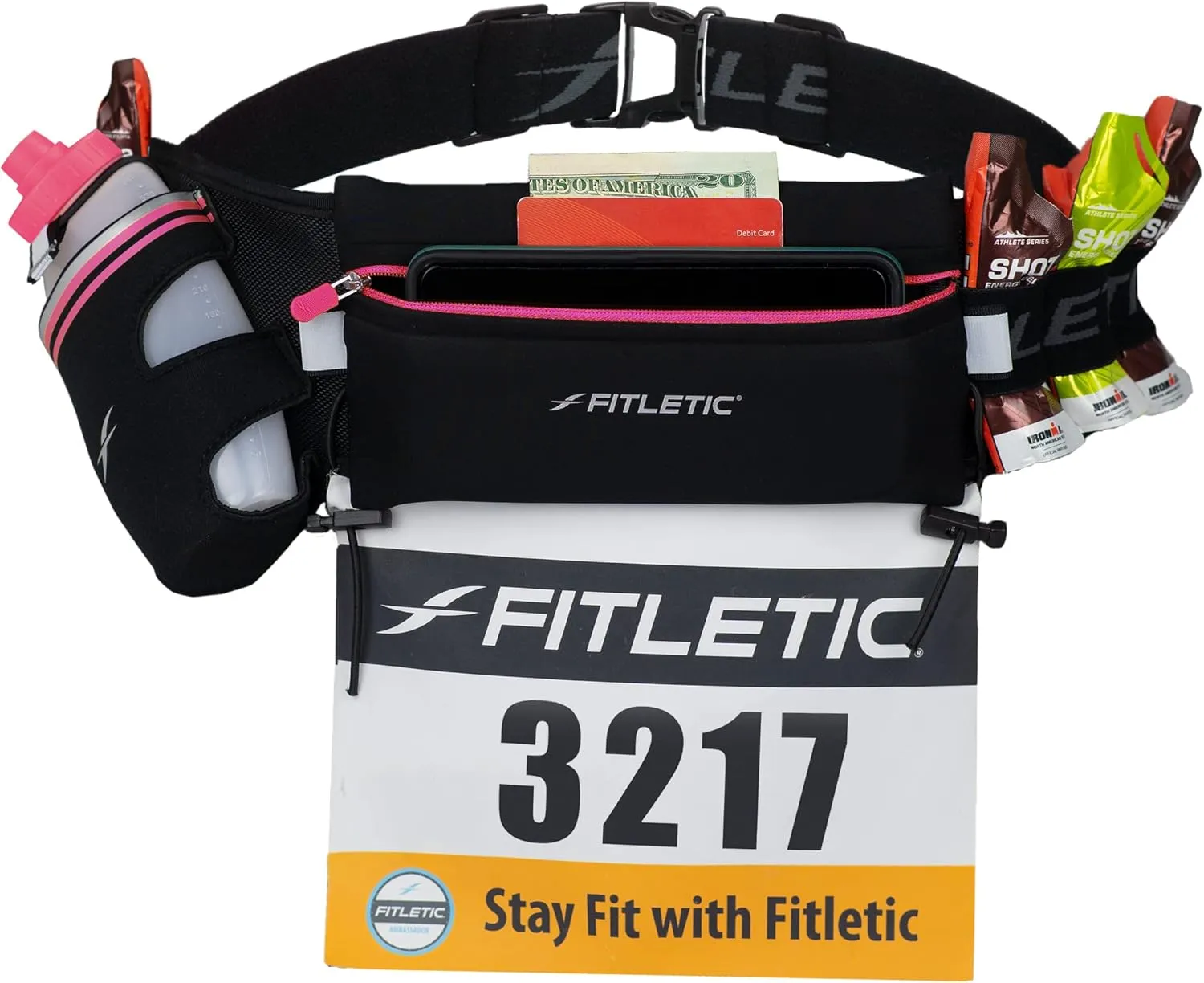 Fitletic Hydration Running Belt With 12oz Quick Flow Water Bottle For Men & Women Race Belt, Gel Holder & Bib Toggles Patented Bounce Free Design, Water Resistant Fits All Phones Fully Loaded