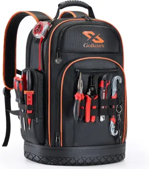 Golkcurx Tool Backpack, Heavy Duty Backpack Tool Bag, 1680D Implements Carrier for Electrician, Durable and Molded Base