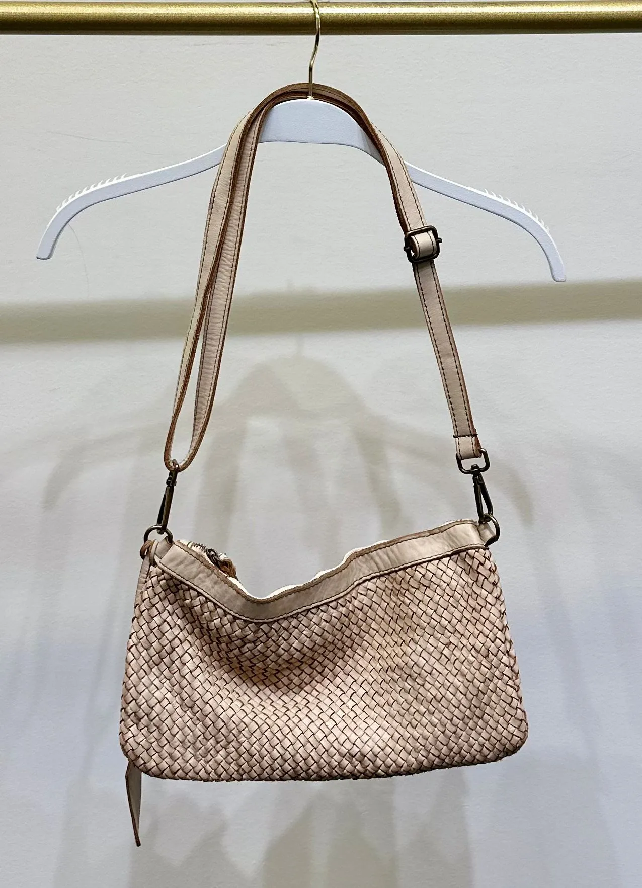 Intrecciato (Braided) Shoulder Wristlet Strap Bag by Milio Milano in Beige