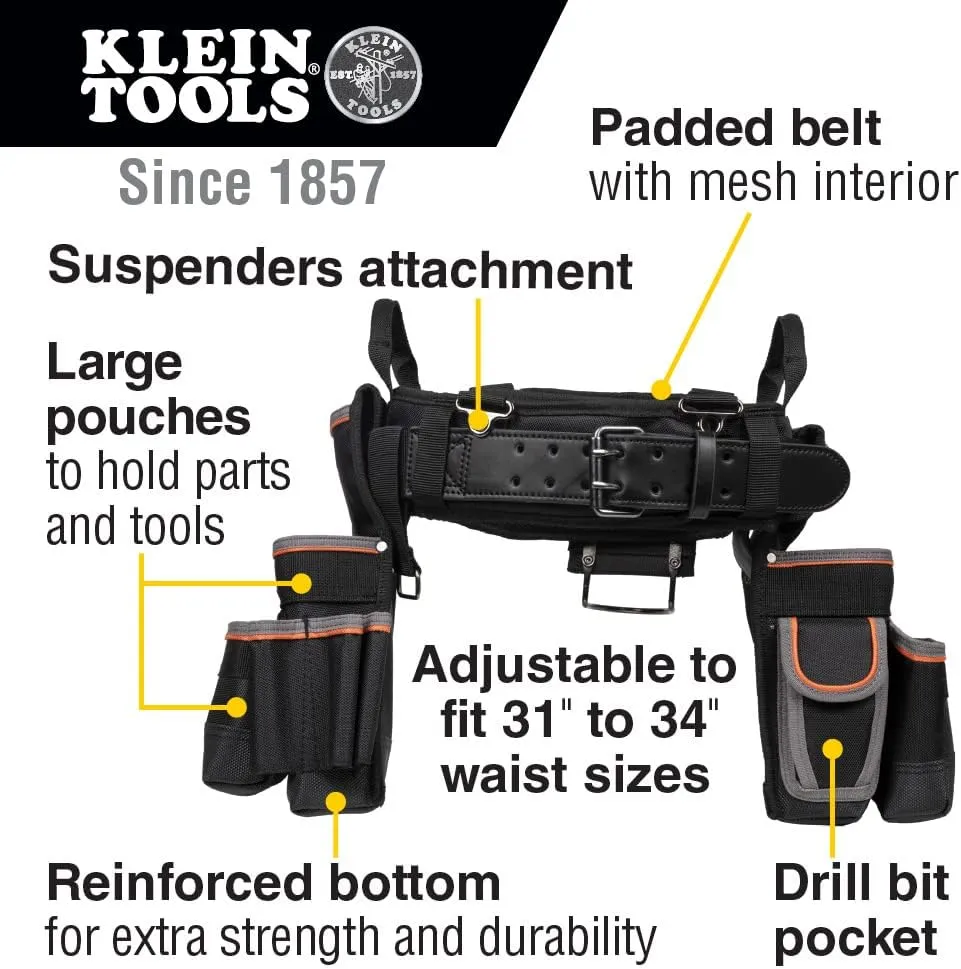 Klein Tools 55427 Tradesman Pro Electrician's Padded Tool Belt and Tool Pouch Combo for Long-wear Comfort and Durability Size Medium