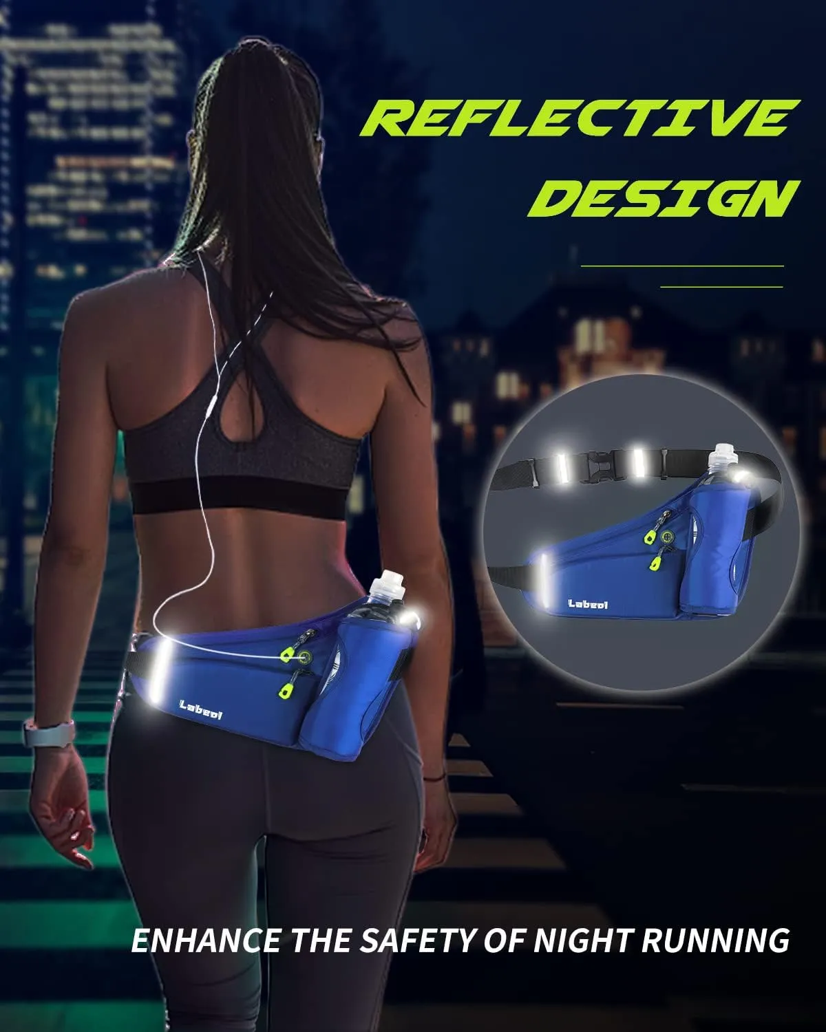 Labeol Running Belt with Water Bottles, Adjustable 2 Zipper Pockets Running Waist Pack Hydration Bag for Men and Women, Fanny Pack with Water Bottles for Hiking Climbing Jogging (Blue)