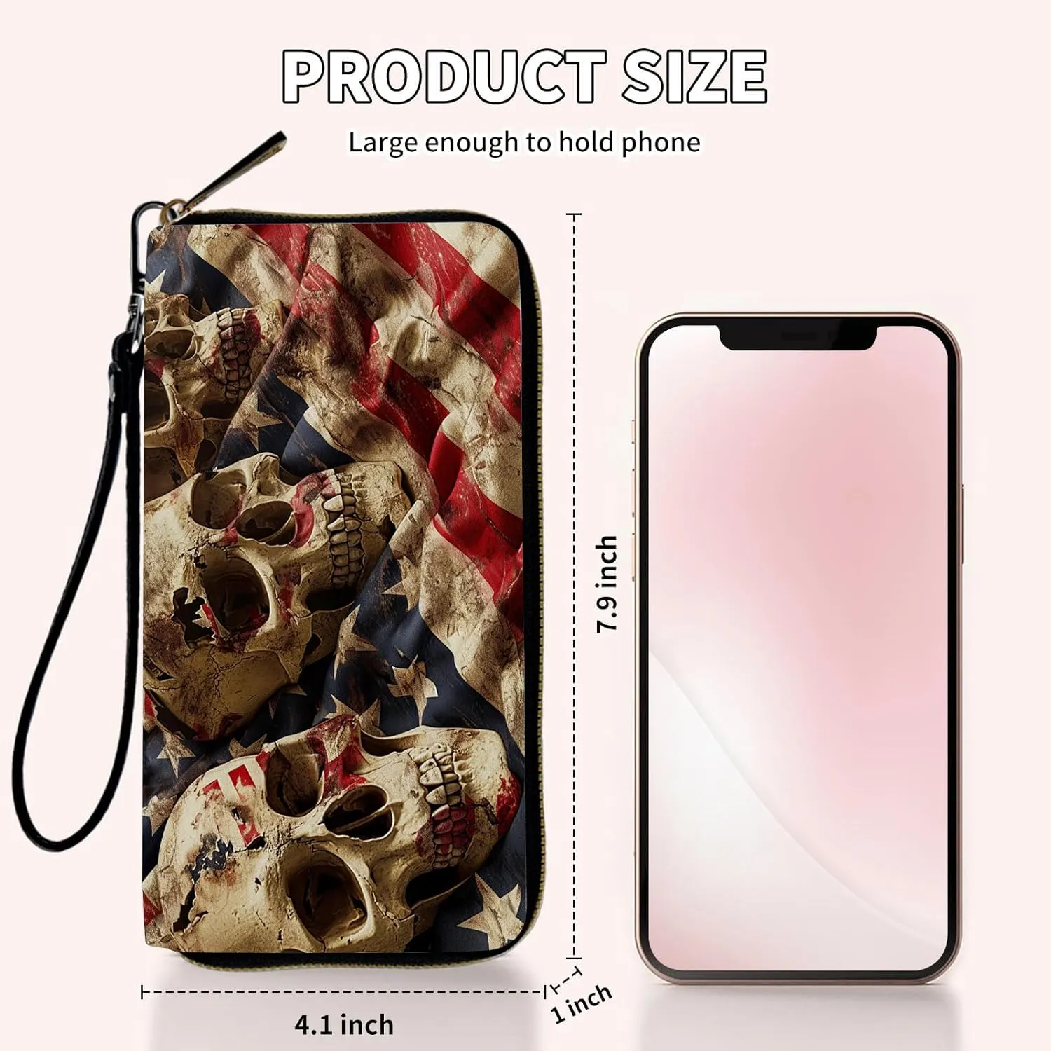 Ladies Wallet,Clutch Purses for Women Wallets Leather Credit Card Holder for Women Wristlet Slim Small Cute with Zipper,Thin RFID Blocking with Wrist Strap,American Flag Skull