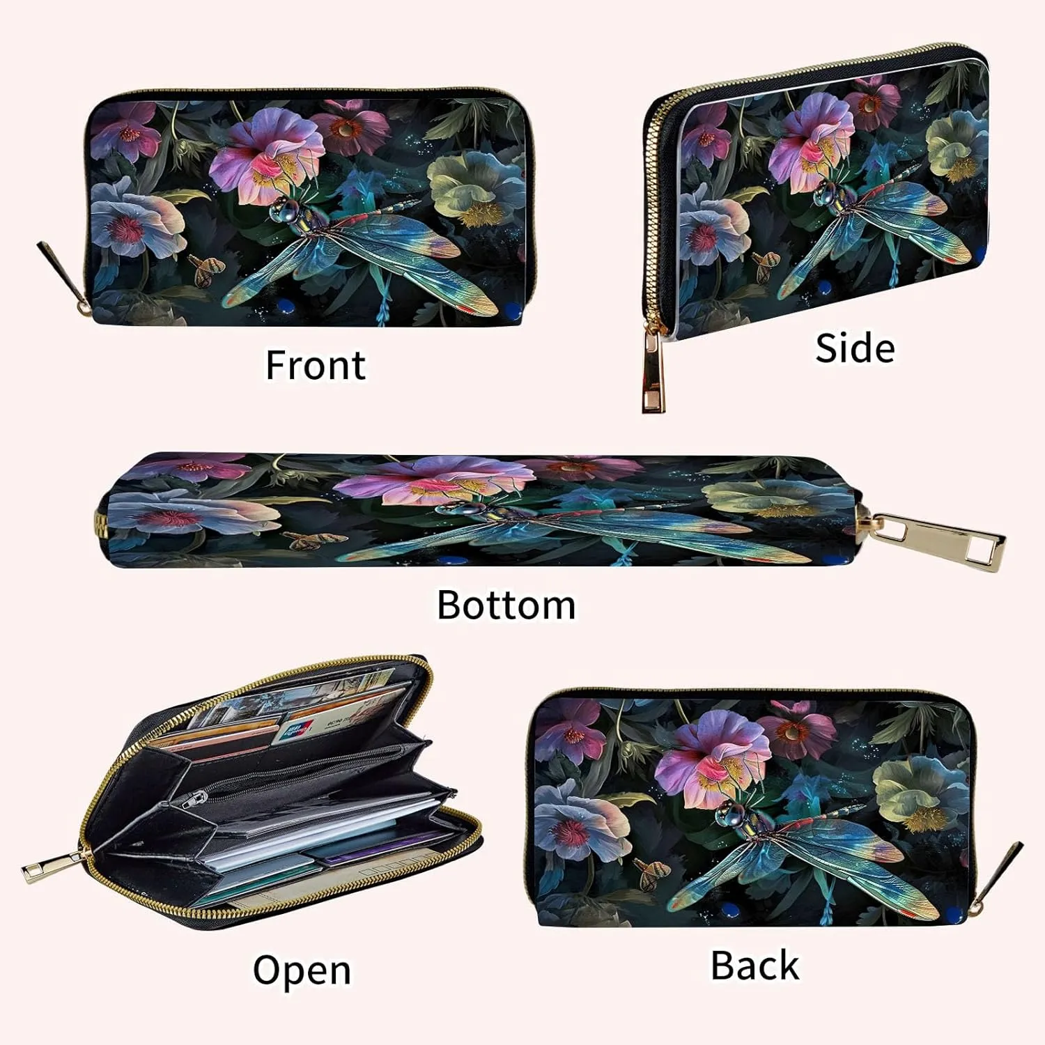 Ladies Wallet,Clutch Purses for Women Wallets Leather Credit Card Holder for Women Wristlet Slim Small Cute with Zipper,Thin RFID Blocking with Wrist Strap,Art Cute Dragonfly