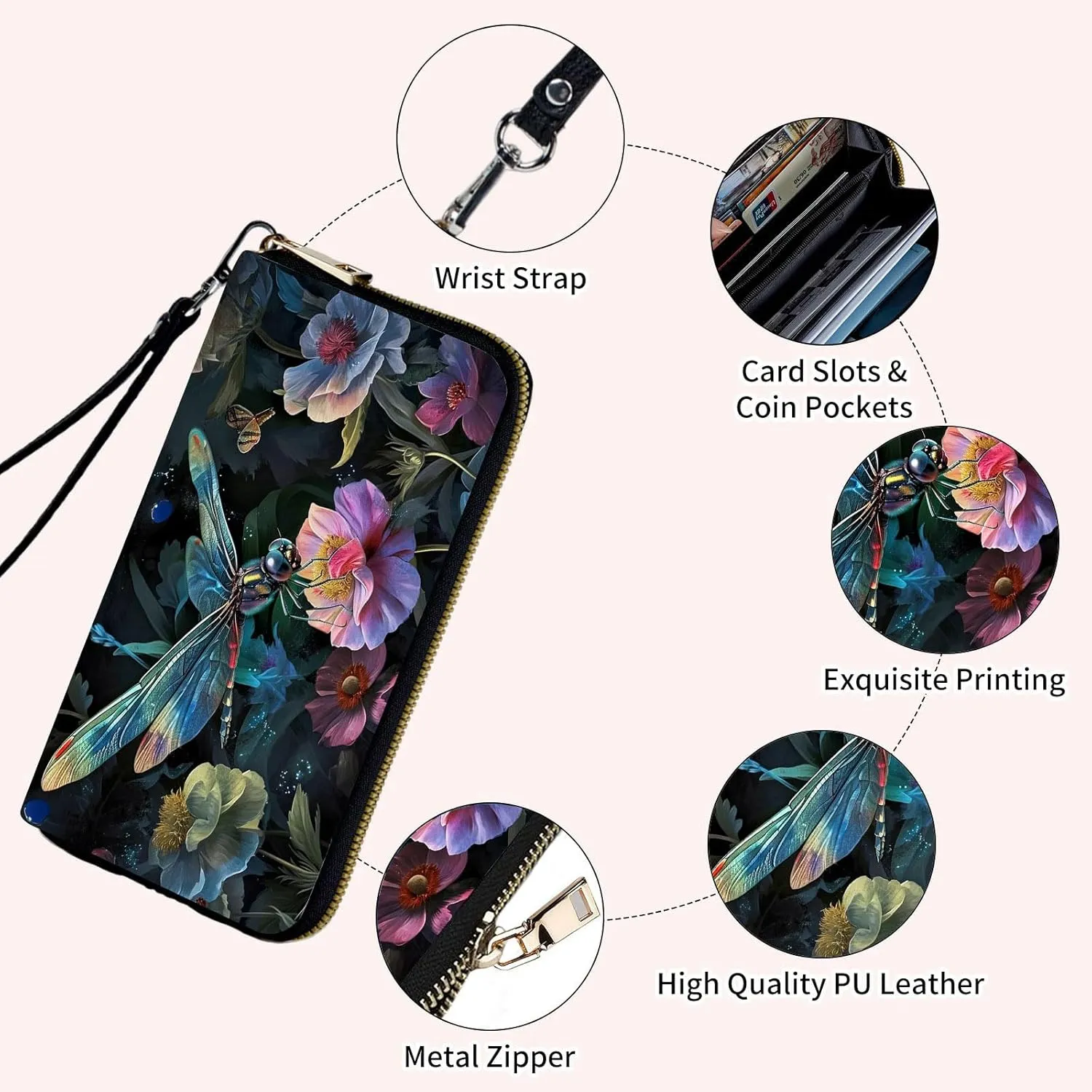 Ladies Wallet,Clutch Purses for Women Wallets Leather Credit Card Holder for Women Wristlet Slim Small Cute with Zipper,Thin RFID Blocking with Wrist Strap,Art Cute Dragonfly