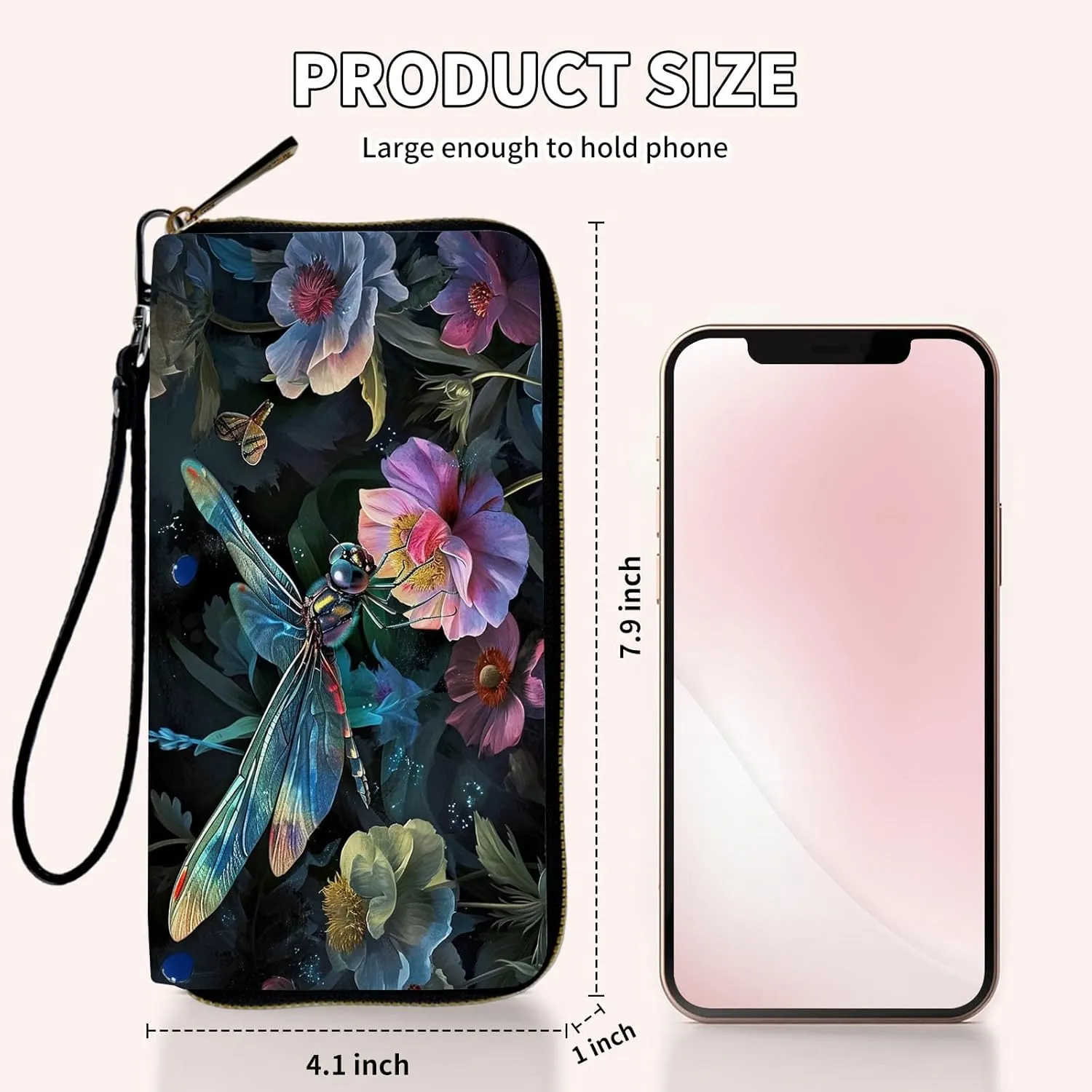 Ladies Wallet,Clutch Purses for Women Wallets Leather Credit Card Holder for Women Wristlet Slim Small Cute with Zipper,Thin RFID Blocking with Wrist Strap,Art Cute Dragonfly