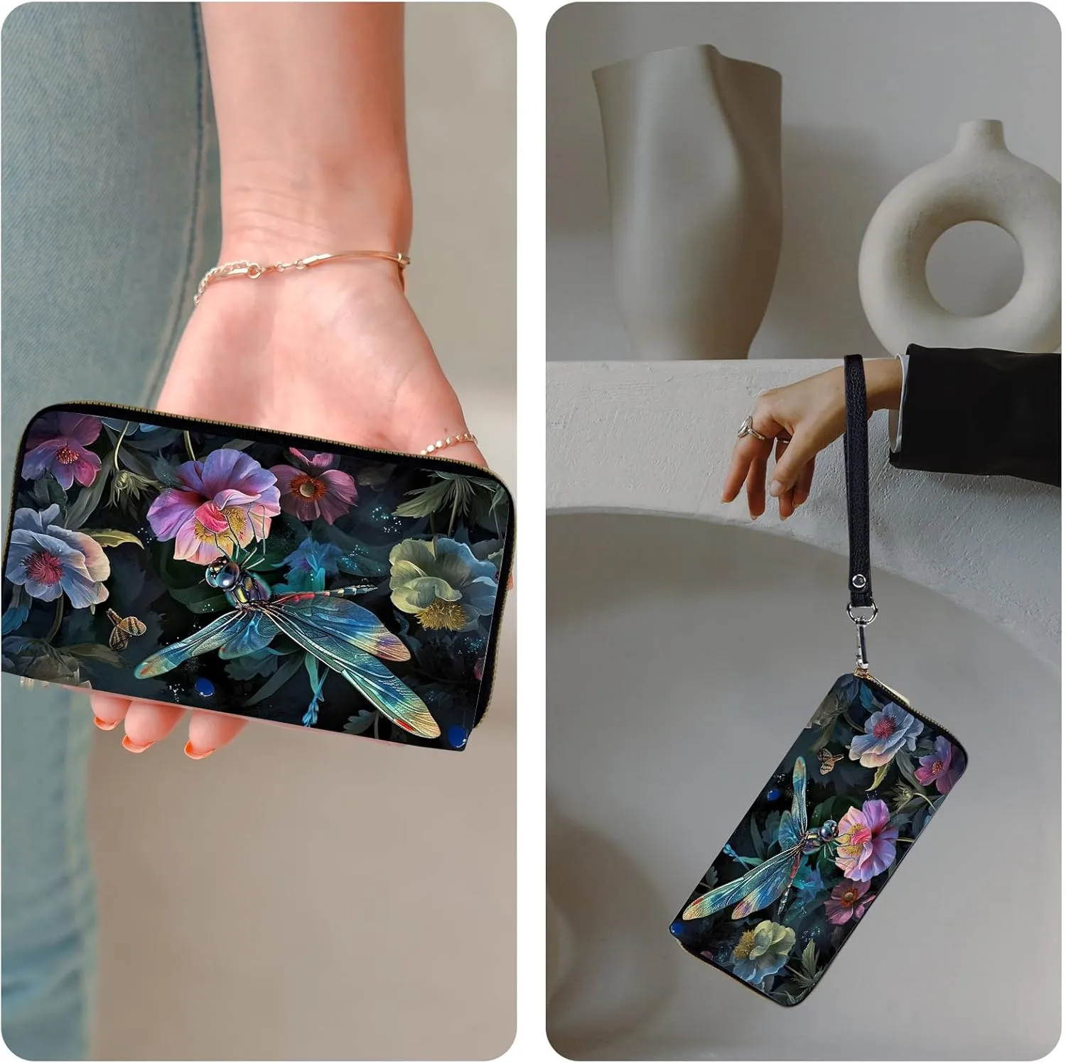 Ladies Wallet,Clutch Purses for Women Wallets Leather Credit Card Holder for Women Wristlet Slim Small Cute with Zipper,Thin RFID Blocking with Wrist Strap,Art Cute Dragonfly