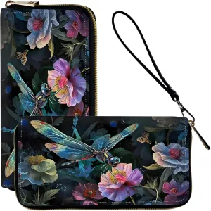 Ladies Wallet,Clutch Purses for Women Wallets Leather Credit Card Holder for Women Wristlet Slim Small Cute with Zipper,Thin RFID Blocking with Wrist Strap,Art Cute Dragonfly