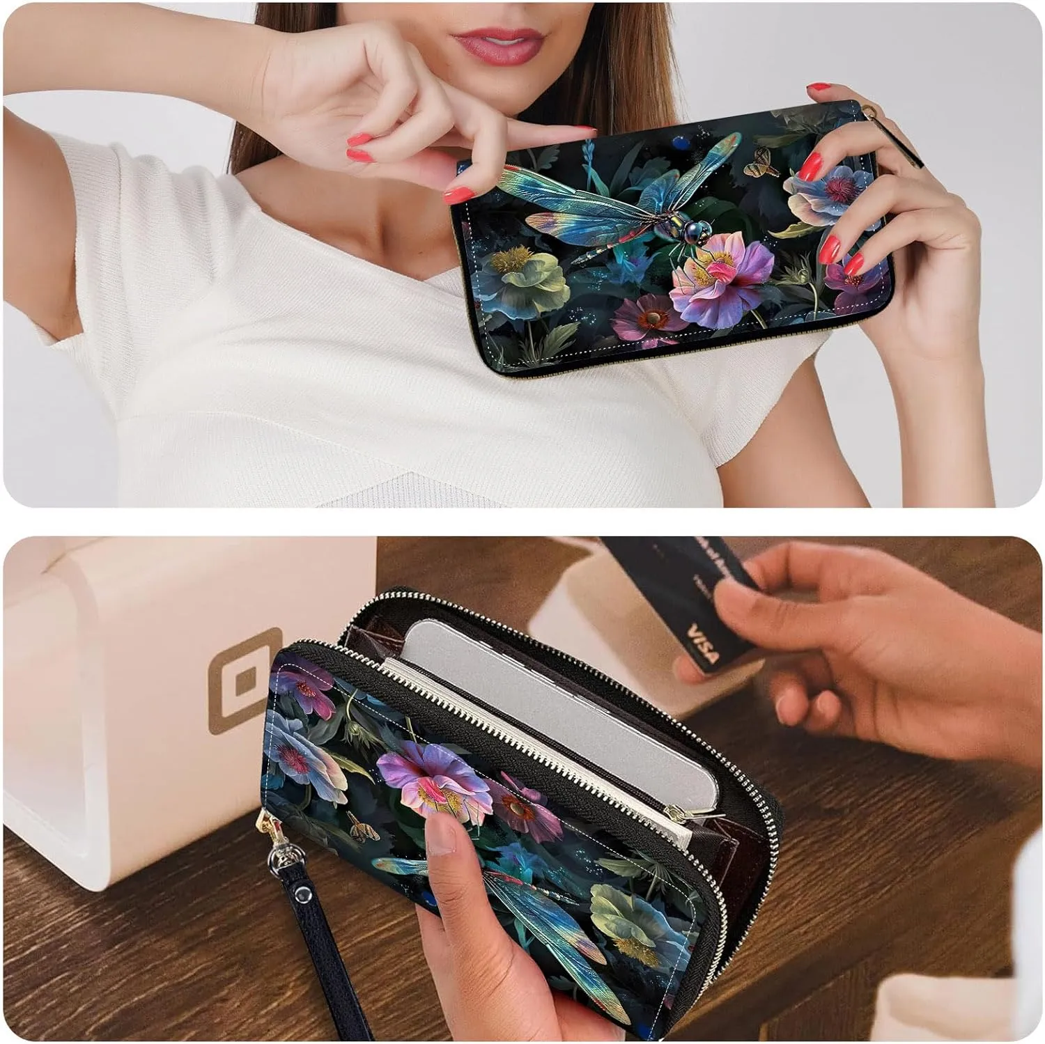 Ladies Wallet,Clutch Purses for Women Wallets Leather Credit Card Holder for Women Wristlet Slim Small Cute with Zipper,Thin RFID Blocking with Wrist Strap,Art Cute Dragonfly