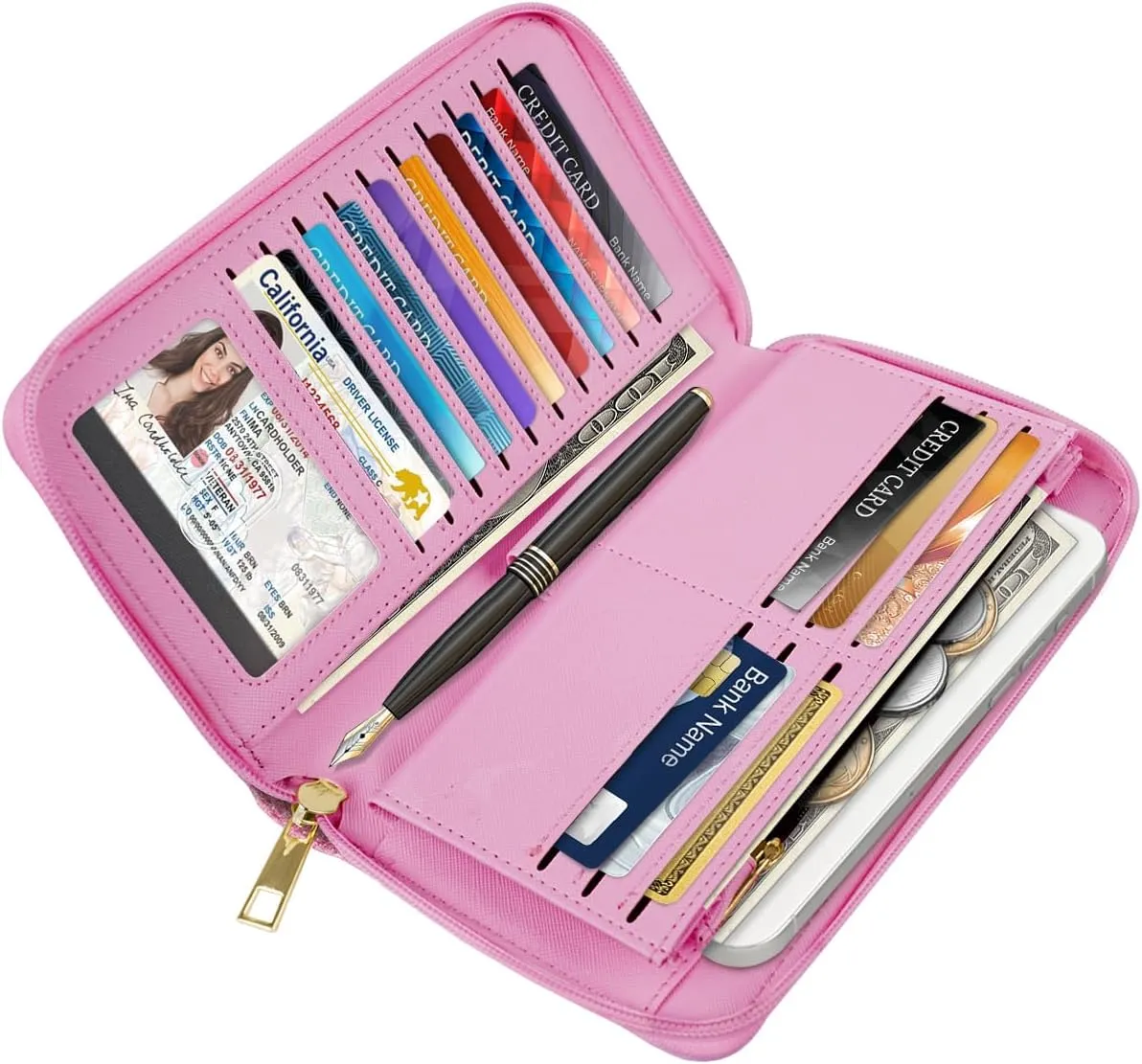Large Capacity Wallets for Women RFID Blocking Leather Zip Around Phone Purse Ladies Travel Credit Card Clutch with Wristlet, Glitter Peach