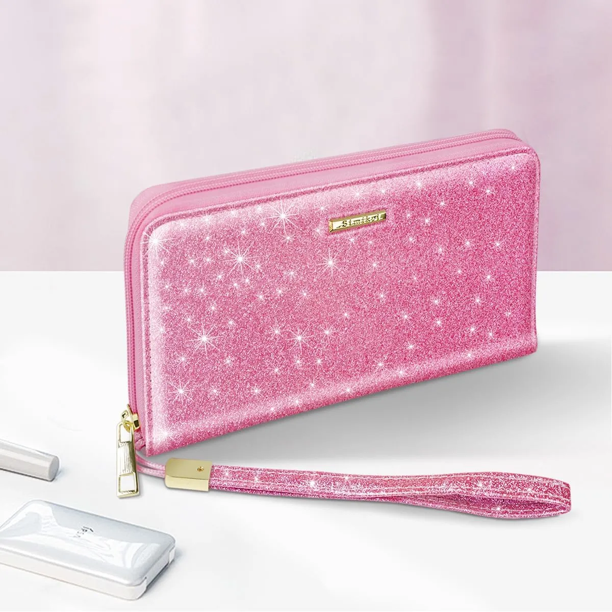 Large Capacity Wallets for Women RFID Blocking Leather Zip Around Phone Purse Ladies Travel Credit Card Clutch with Wristlet, Glitter Peach