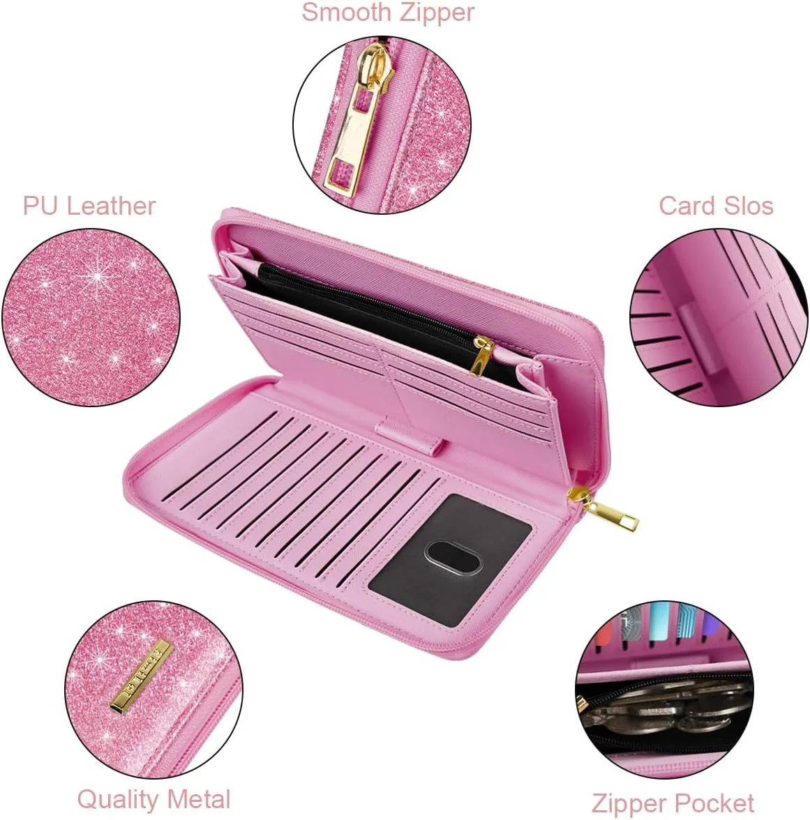 Large Capacity Wallets for Women RFID Blocking Leather Zip Around Phone Purse Ladies Travel Credit Card Clutch with Wristlet, Glitter Peach
