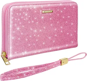 Large Capacity Wallets for Women RFID Blocking Leather Zip Around Phone Purse Ladies Travel Credit Card Clutch with Wristlet, Glitter Peach