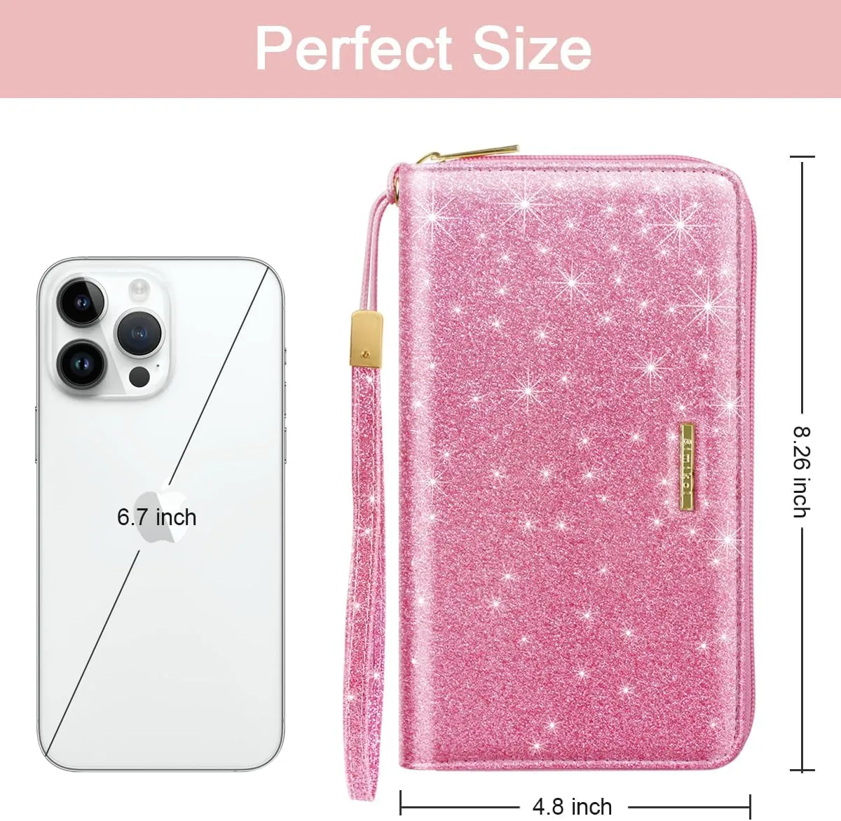 Large Capacity Wallets for Women RFID Blocking Leather Zip Around Phone Purse Ladies Travel Credit Card Clutch with Wristlet, Glitter Peach