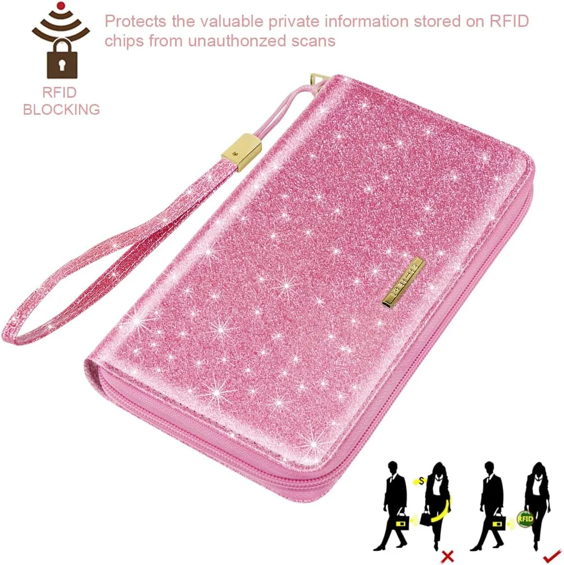 Large Capacity Wallets for Women RFID Blocking Leather Zip Around Phone Purse Ladies Travel Credit Card Clutch with Wristlet, Glitter Peach