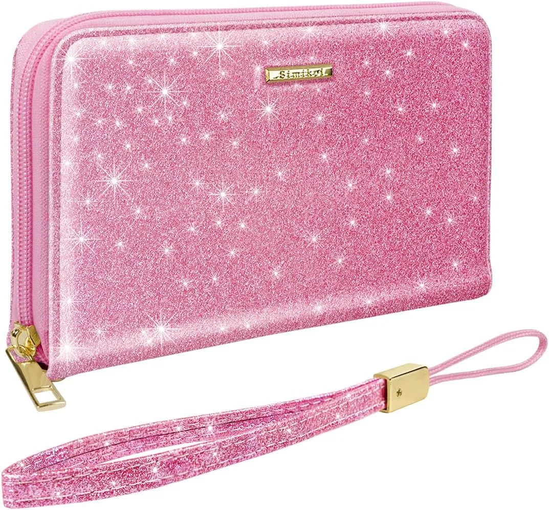 Large Capacity Wallets for Women RFID Blocking Leather Zip Around Phone Purse Ladies Travel Credit Card Clutch with Wristlet, Glitter Peach