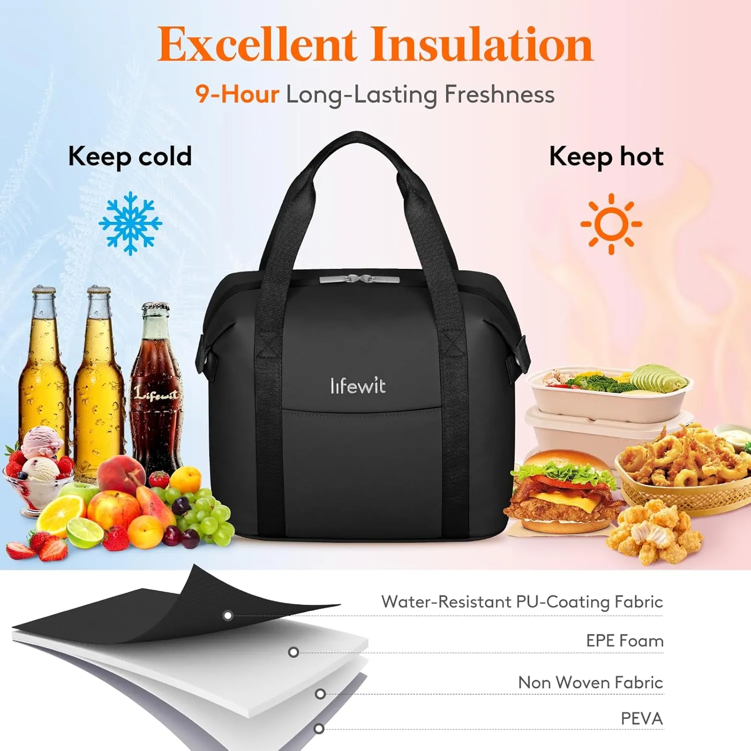 Lifewit Insulated Lunch Box for Women, Lightweight Tote Bag Reusable Lunch Bag Soft Cooler, Large Lunchbox for Work Travel for Women Adults, 9L Black