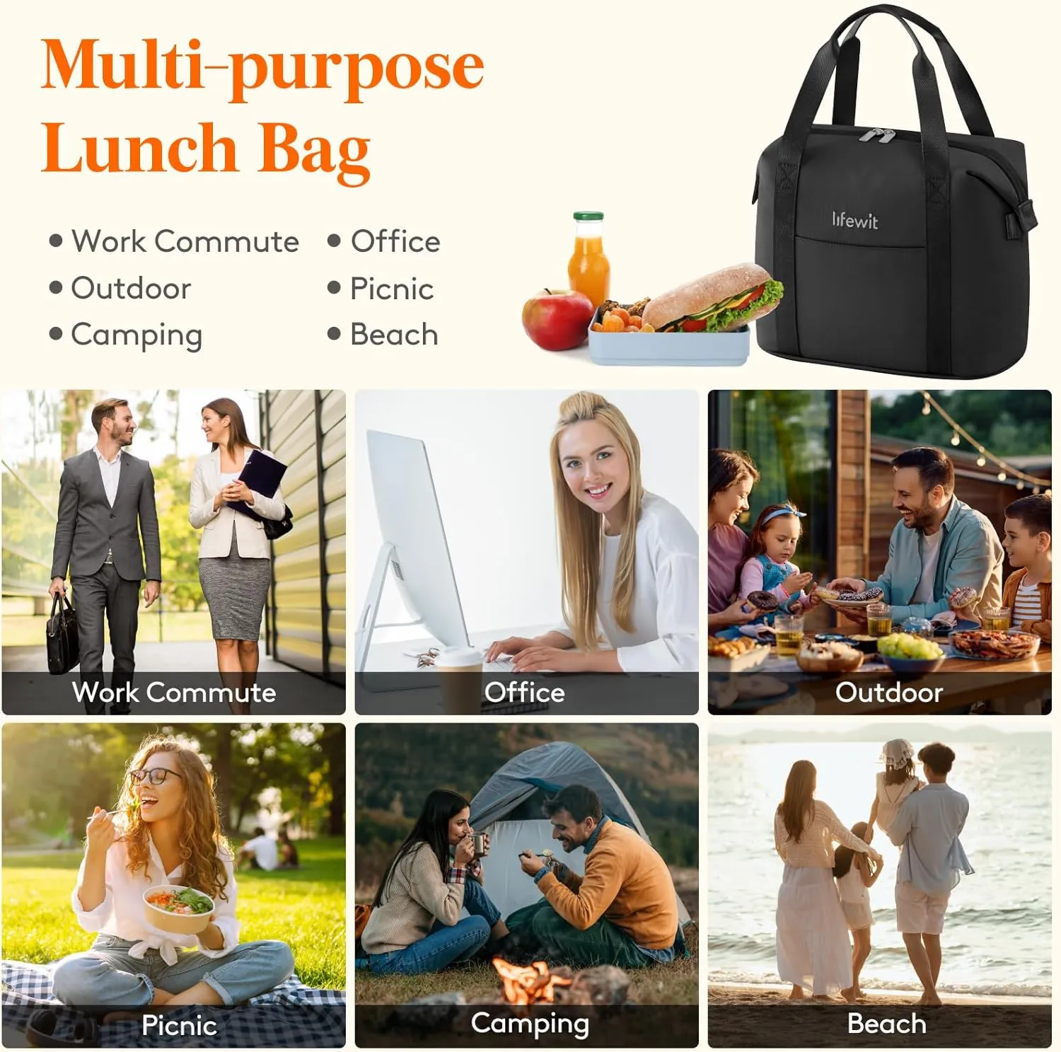 Lifewit Insulated Lunch Box for Women, Lightweight Tote Bag Reusable Lunch Bag Soft Cooler, Large Lunchbox for Work Travel for Women Adults, 9L Black