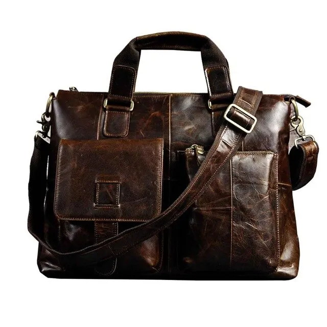 Men Original Leather Retro Designer Business Briefcase Casual 15" Laptop Travel Bag