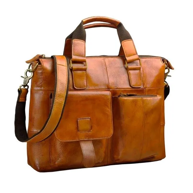 Men Original Leather Retro Designer Business Briefcase Casual 15" Laptop Travel Bag