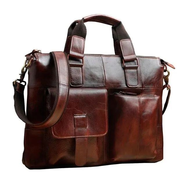 Men Original Leather Retro Designer Business Briefcase Casual 15" Laptop Travel Bag