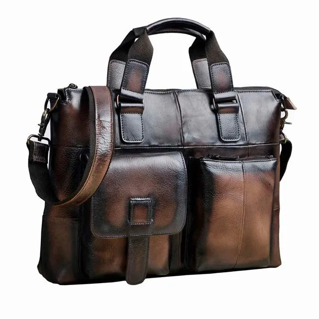 Men Original Leather Retro Designer Business Briefcase Casual 15" Laptop Travel Bag