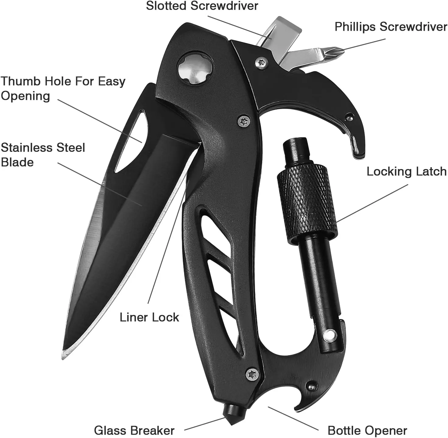 Multitool Carabiner with Pocket Knife, Stocking Stuffers Gifts for Men, EDC Carabiners with Folding Knives, Bottle Opener, Window Breaker and Screwdriver, Survival Gear for Camping Hiking