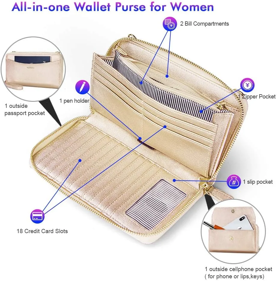 nuoku Womens RFID Wallet Purse Wristlet Crossbody Clutch with Zip Around 2 Strap