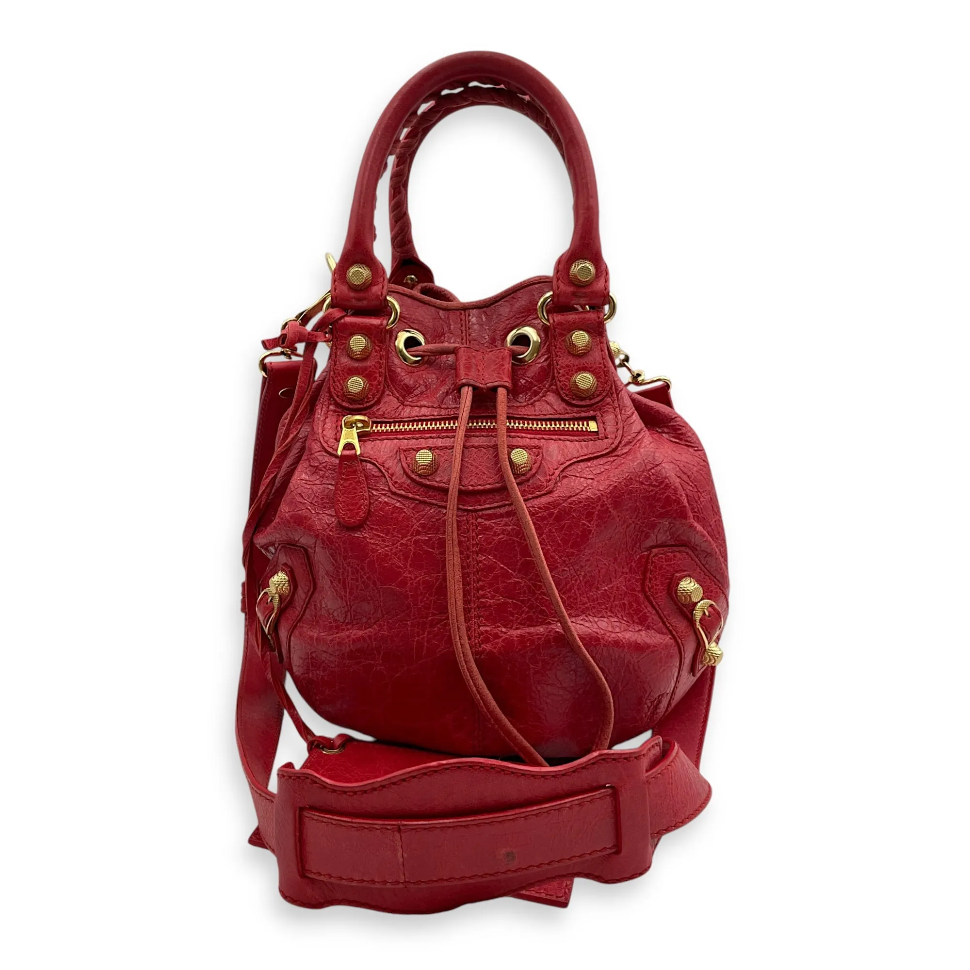 Pompon Mini Red Crossbody Bag in Distressed Leather, Gold hardware