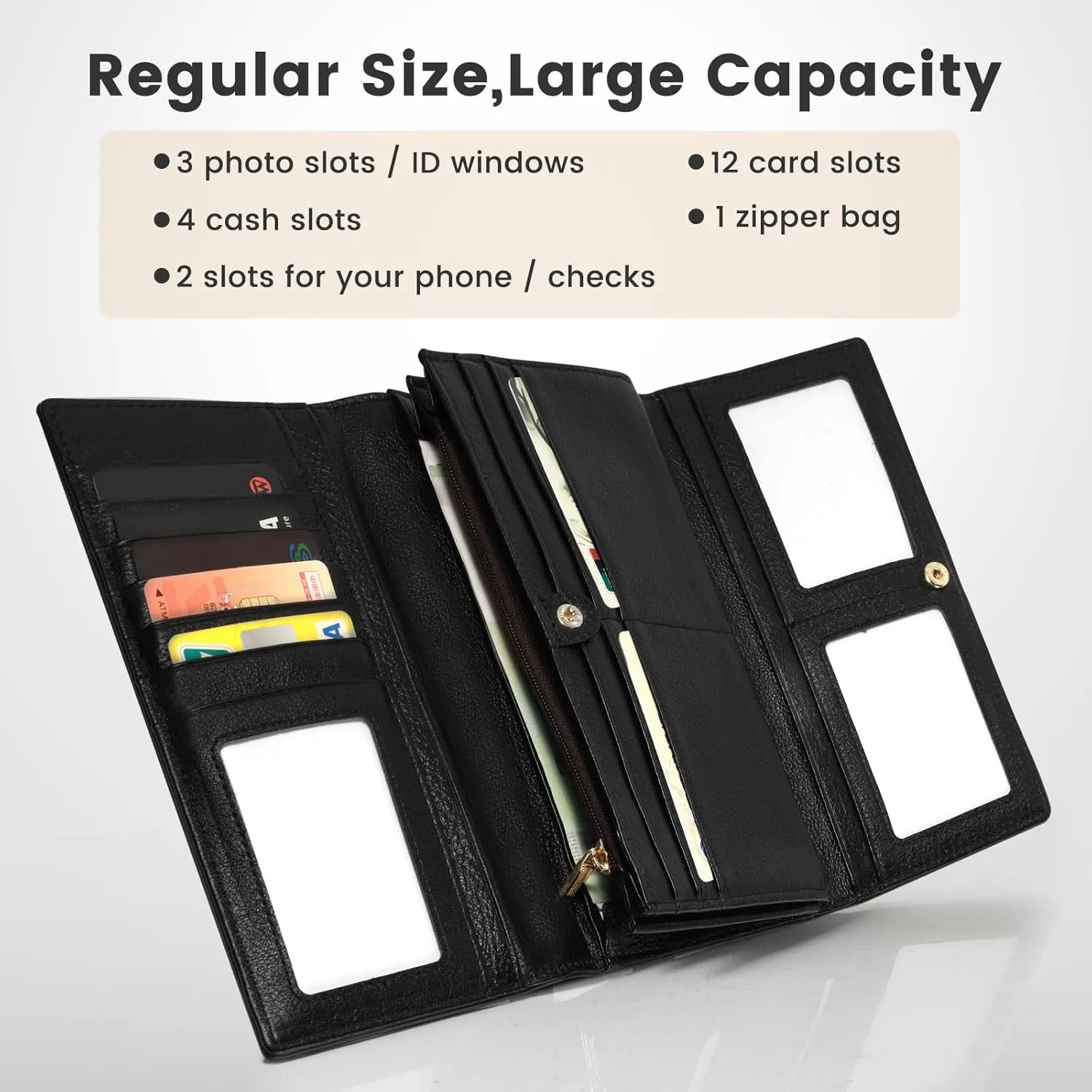 Professional RFID Blocking Wallet for Women - Genuine Leather Work Purse with Phone Pocket, Large Capacity Organizer for Credit Cards, ID, Cash & Office Essentials (Black)