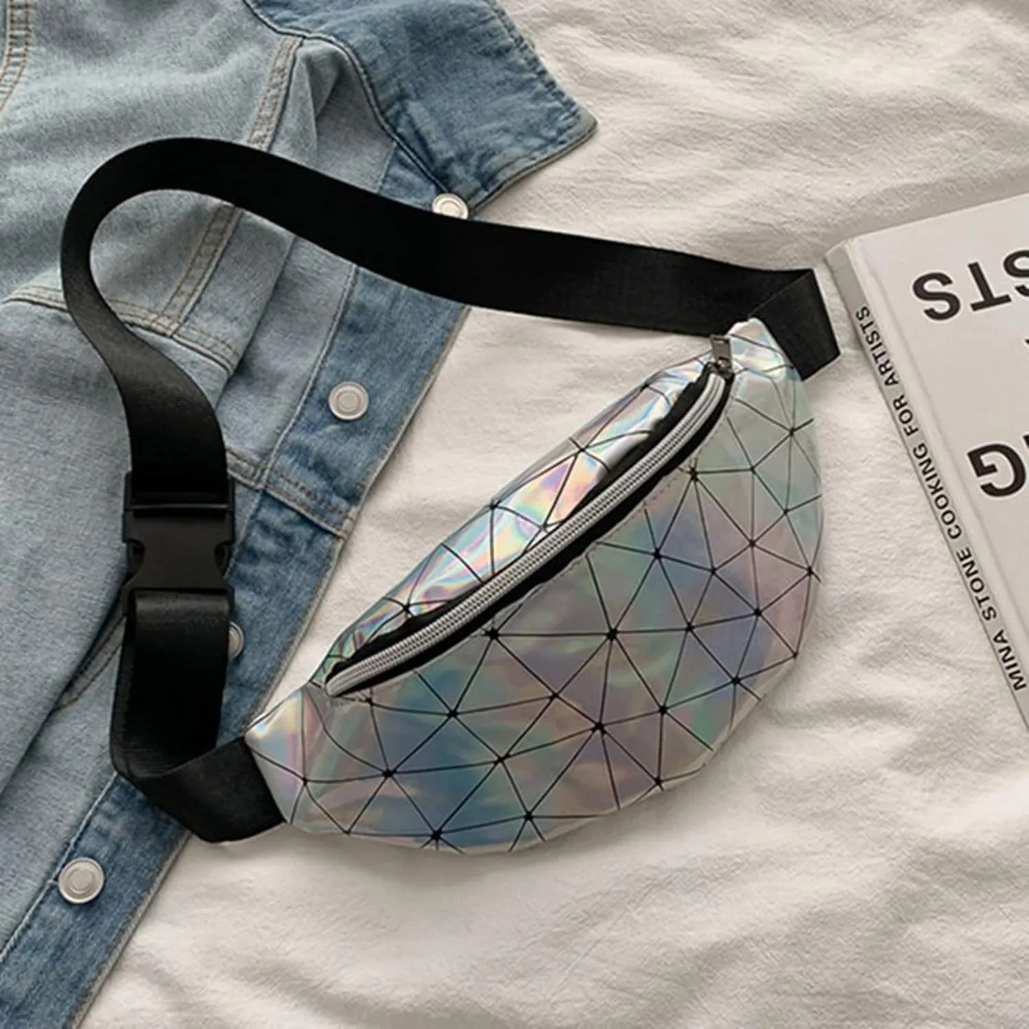 Shoulder bag 1PC Holographic Pack Waist Bag PU Beach Travel Banana Hip Bum Zip Women Purse Belt Bags Girl Chest Bags(Black) (Yellow)