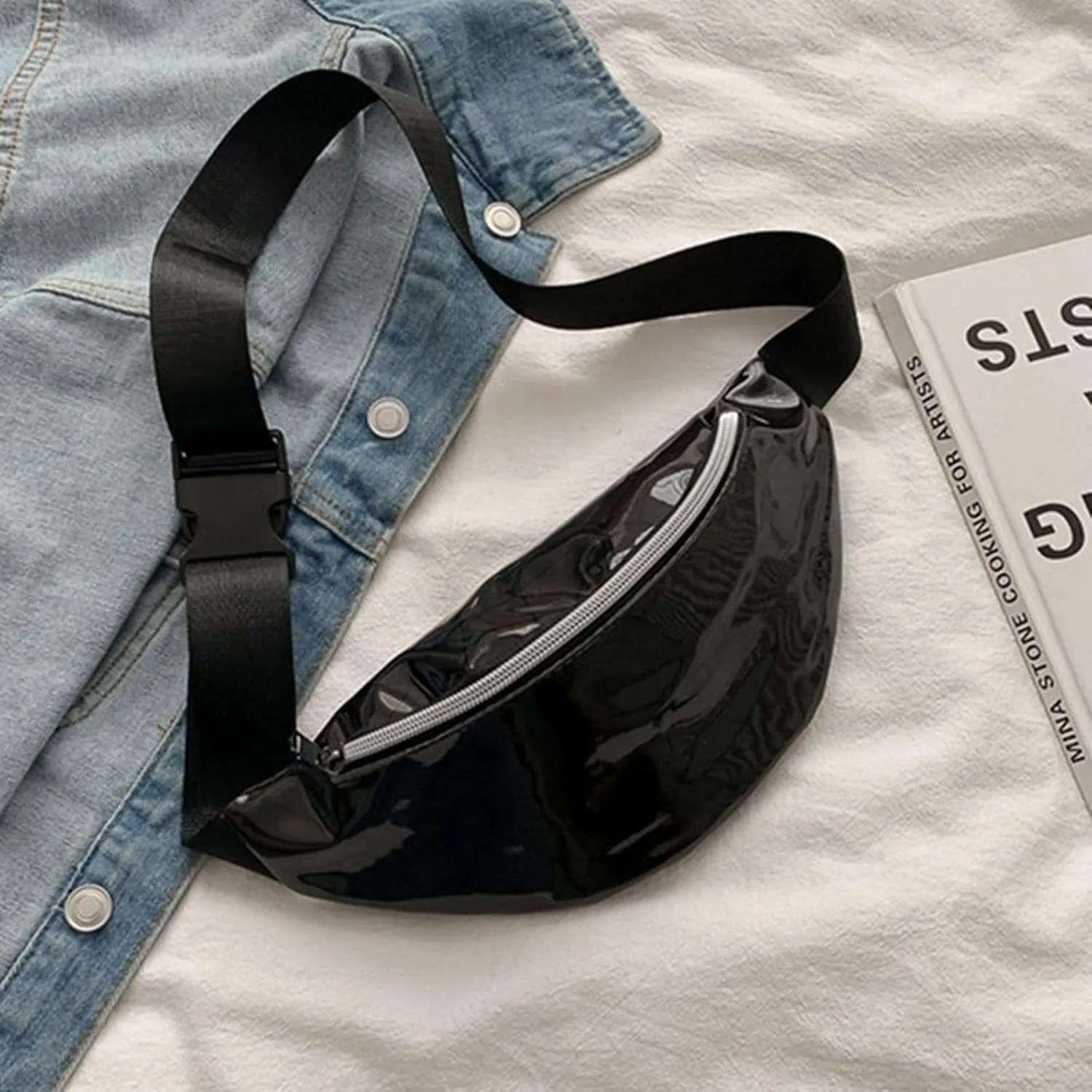 Shoulder bag 1PC Holographic Pack Waist Bag PU Beach Travel Banana Hip Bum Zip Women Purse Belt Bags Girl Chest Bags(Black) (Yellow)