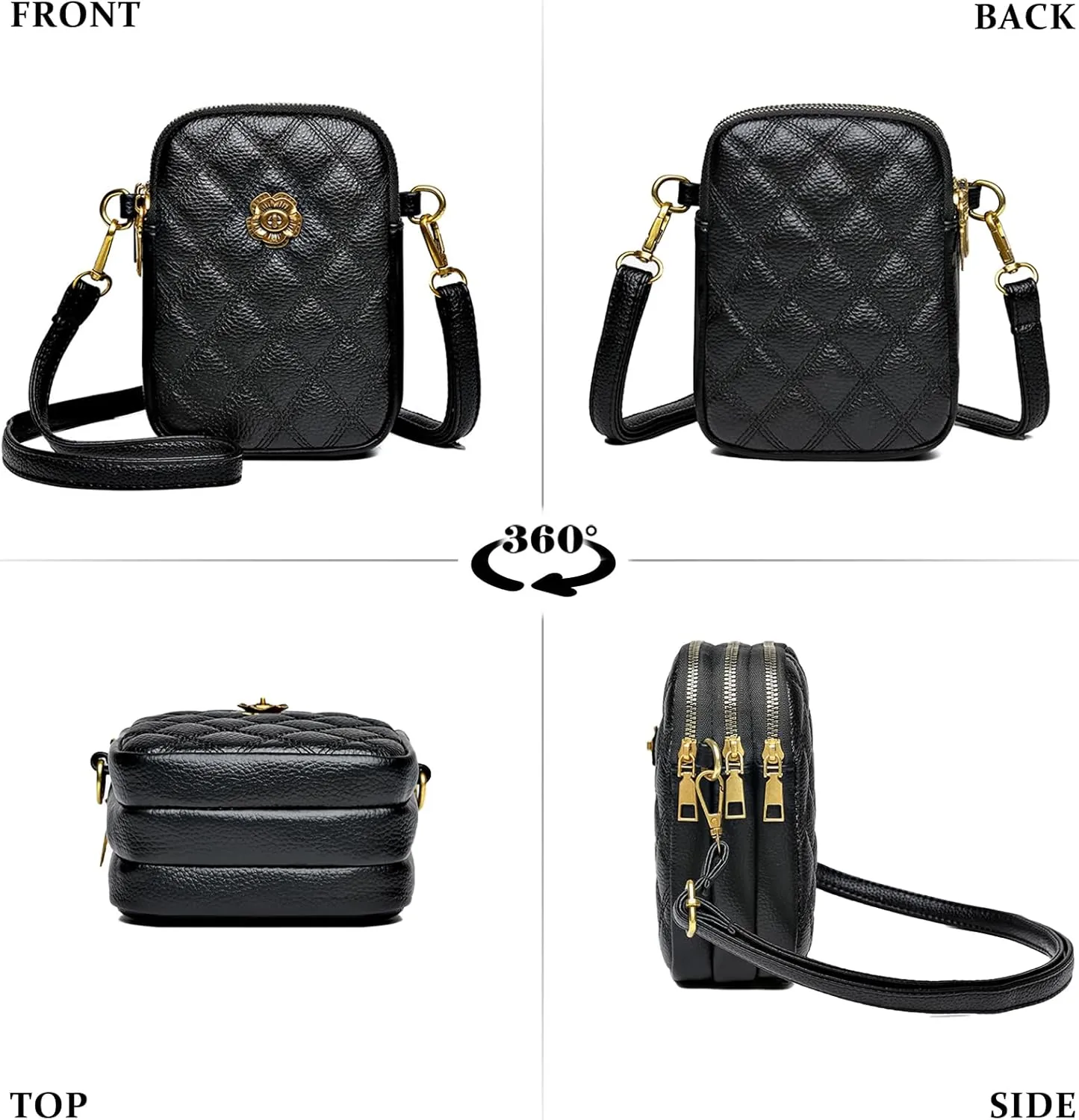Small Quilted Leather Crossbody Bags for Women,Floral Cell Phone Shoulder Purses for Women, Anti Theft Mini Handbags