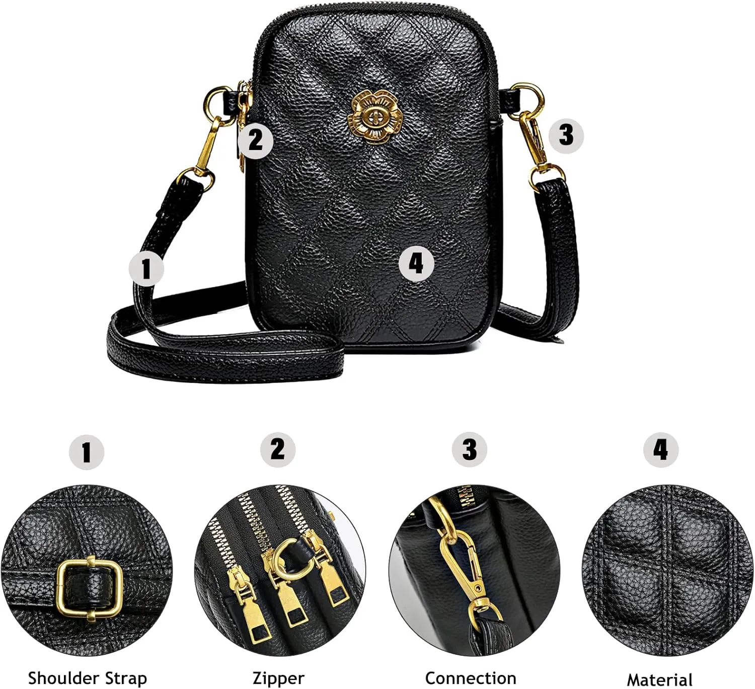 Small Quilted Leather Crossbody Bags for Women,Floral Cell Phone Shoulder Purses for Women, Anti Theft Mini Handbags