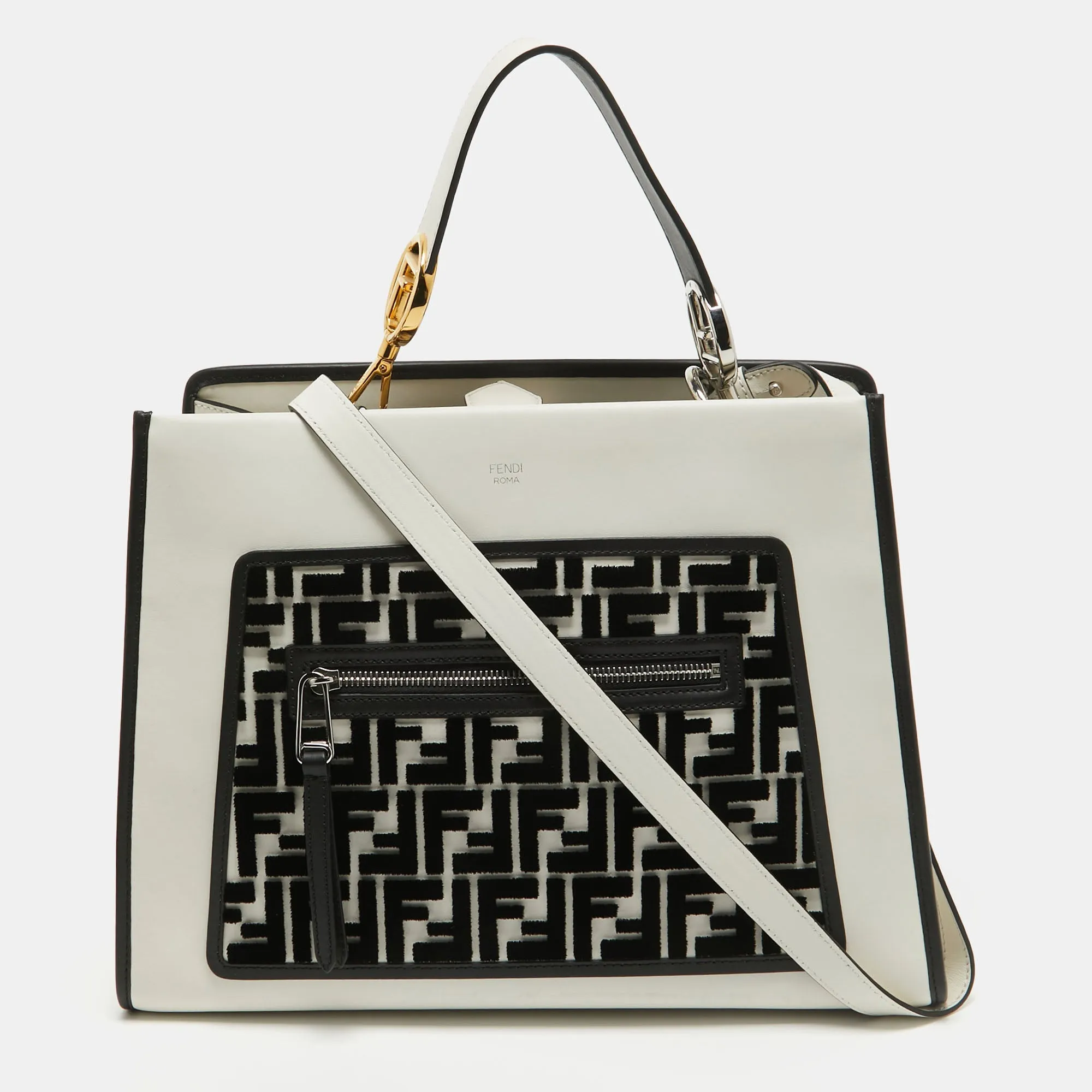 White/Black Leather and Velvet FF Runaway Top Handle Bag