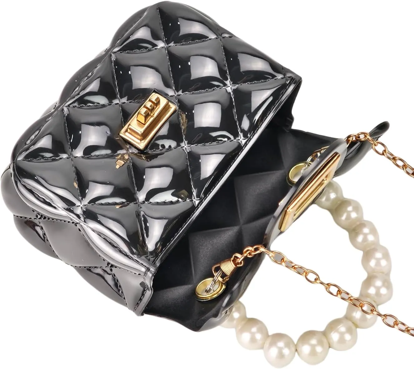 Women's Mini Jelly Quilted Cute Shoulder Bags Fashion Coquette Pearl Handle Handbag Small Clutch Purse